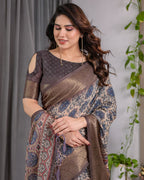 Fabrica Vibe Grey Ajrakh Floral Printed Linen Saree with Antique Zari Border & Tassel Pallu