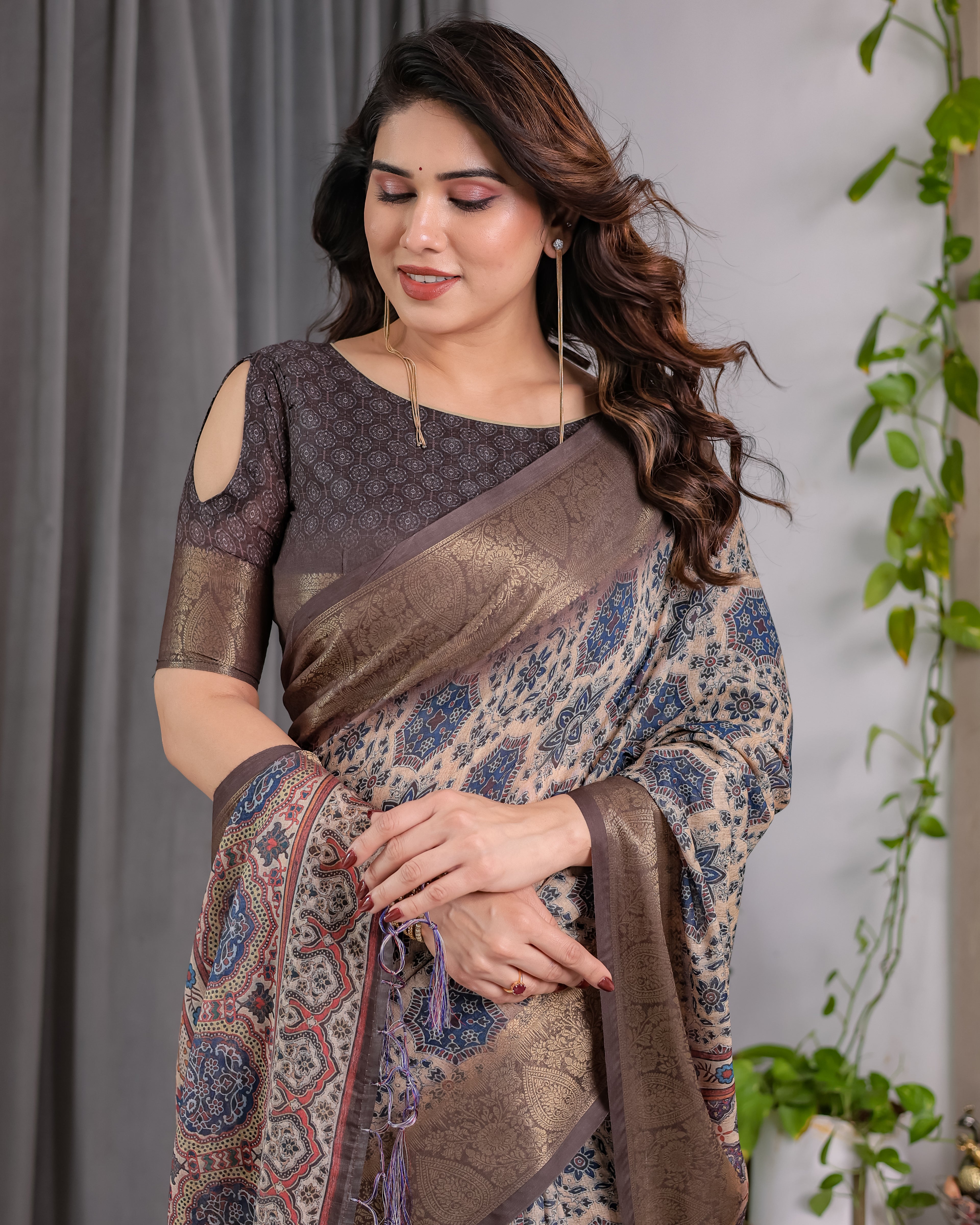 Fabrica Vibe Grey Ajrakh Floral Printed Linen Saree with Antique Zari Border & Tassel Pallu