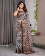 Fabrica Vibe Grey Ajrakh Floral Printed Linen Saree with Antique Zari Border & Tassel Pallu