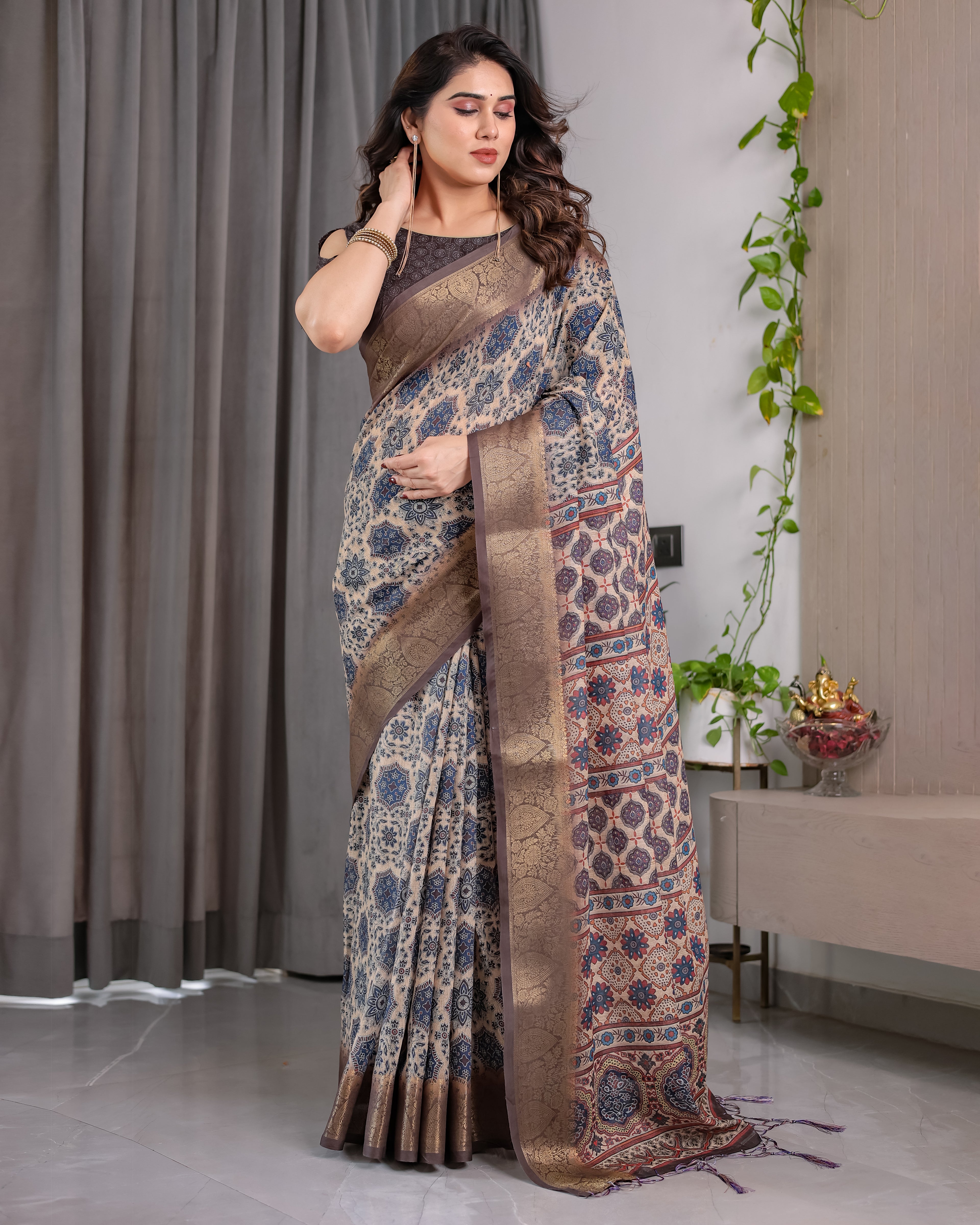 Fabrica Vibe Grey Ajrakh Floral Printed Linen Saree with Antique Zari Border & Tassel Pallu