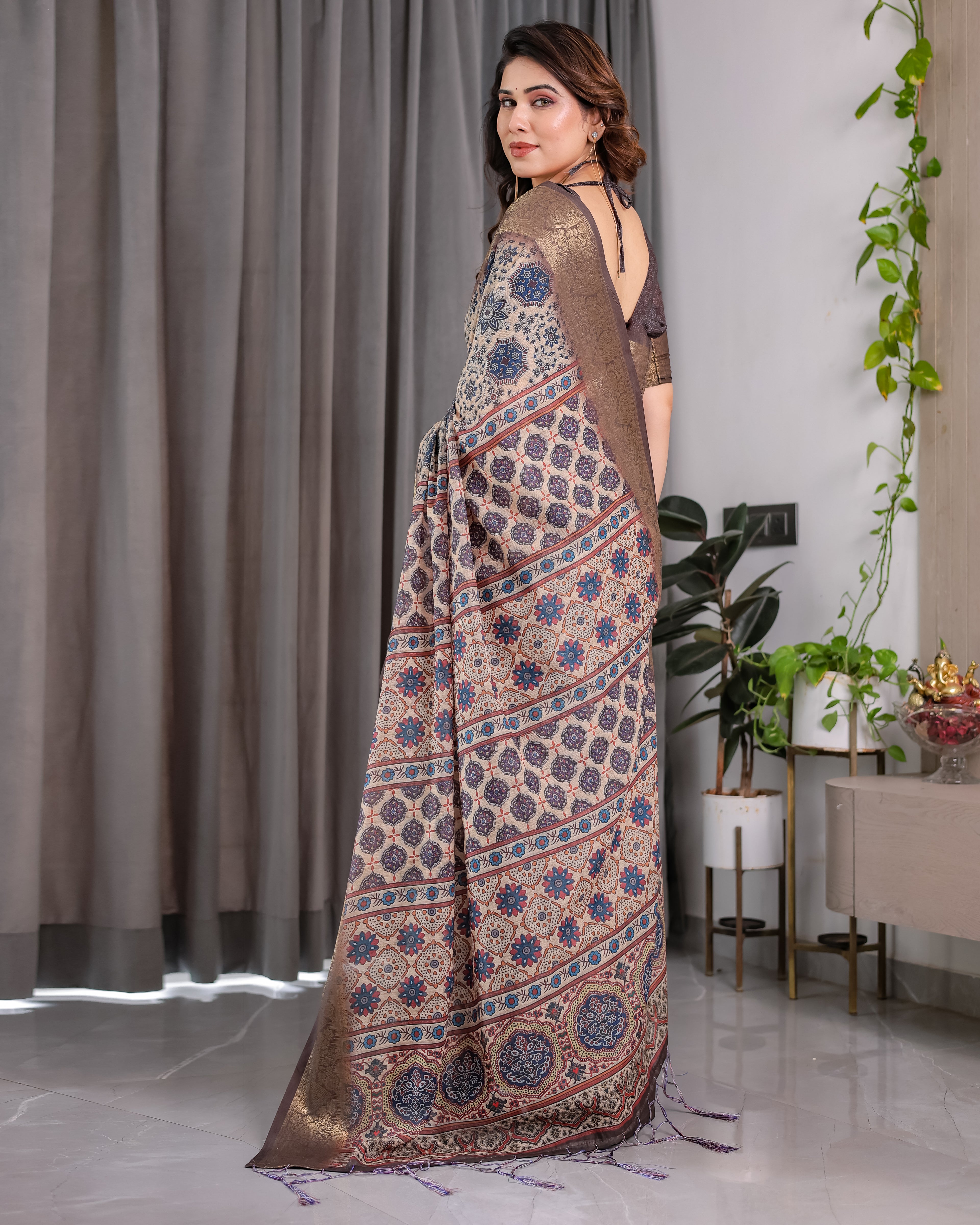 Fabrica Vibe Grey Ajrakh Floral Printed Linen Saree with Antique Zari Border & Tassel Pallu