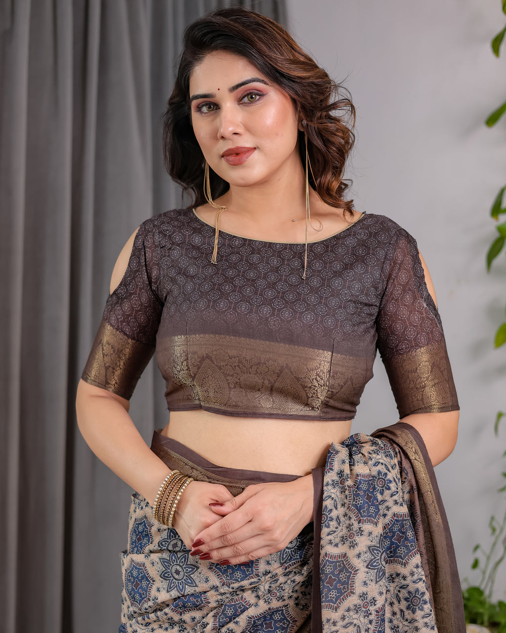 Fabrica Vibe Grey Ajrakh Floral Printed Linen Saree with Antique Zari Border & Tassel Pallu