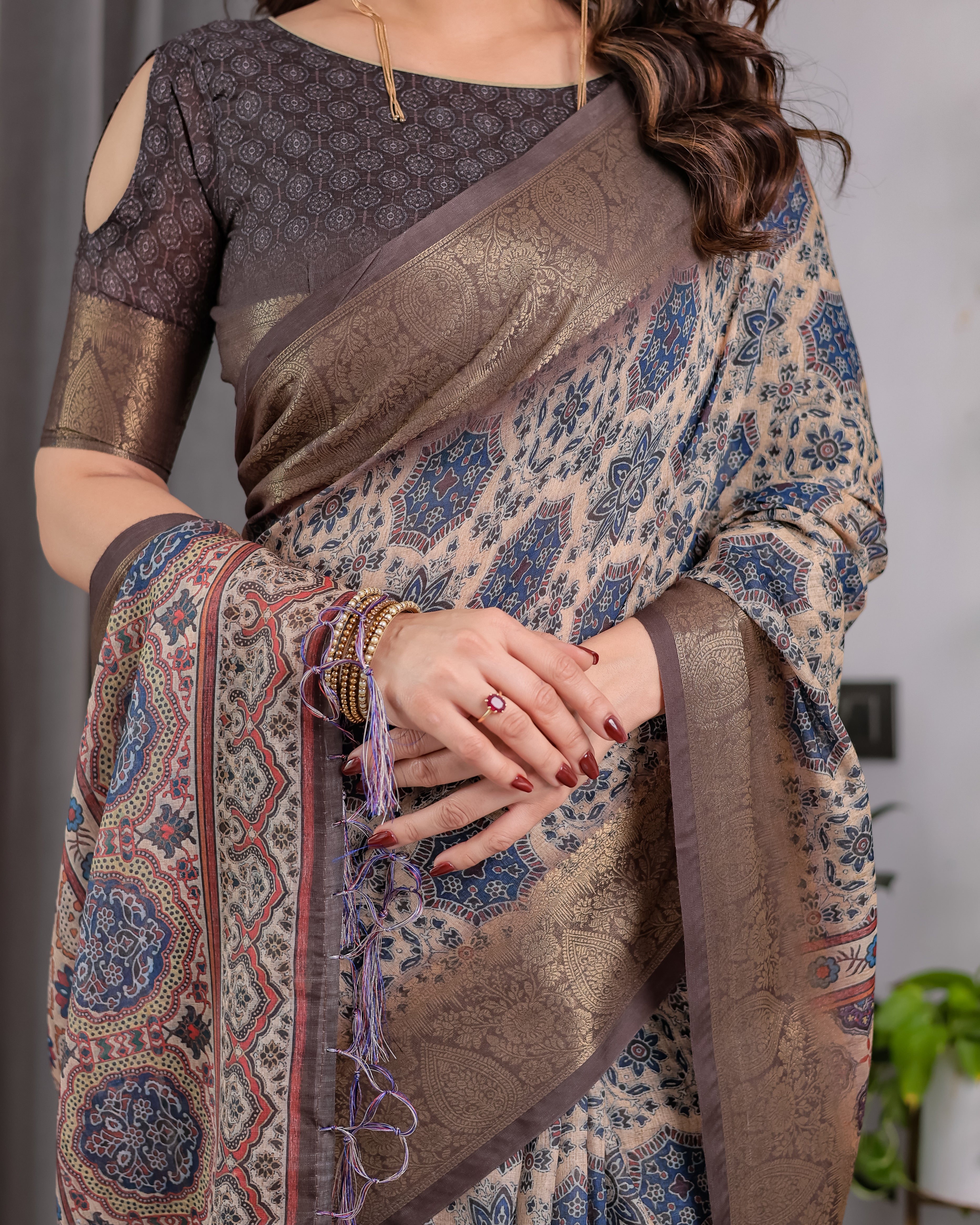 Fabrica Vibe Grey Ajrakh Floral Printed Linen Saree with Antique Zari Border & Tassel Pallu