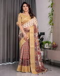 Fabrica Vibe Beige Kalamkari Printed Linen Saree with Gold Zari Border & Designer Pallu