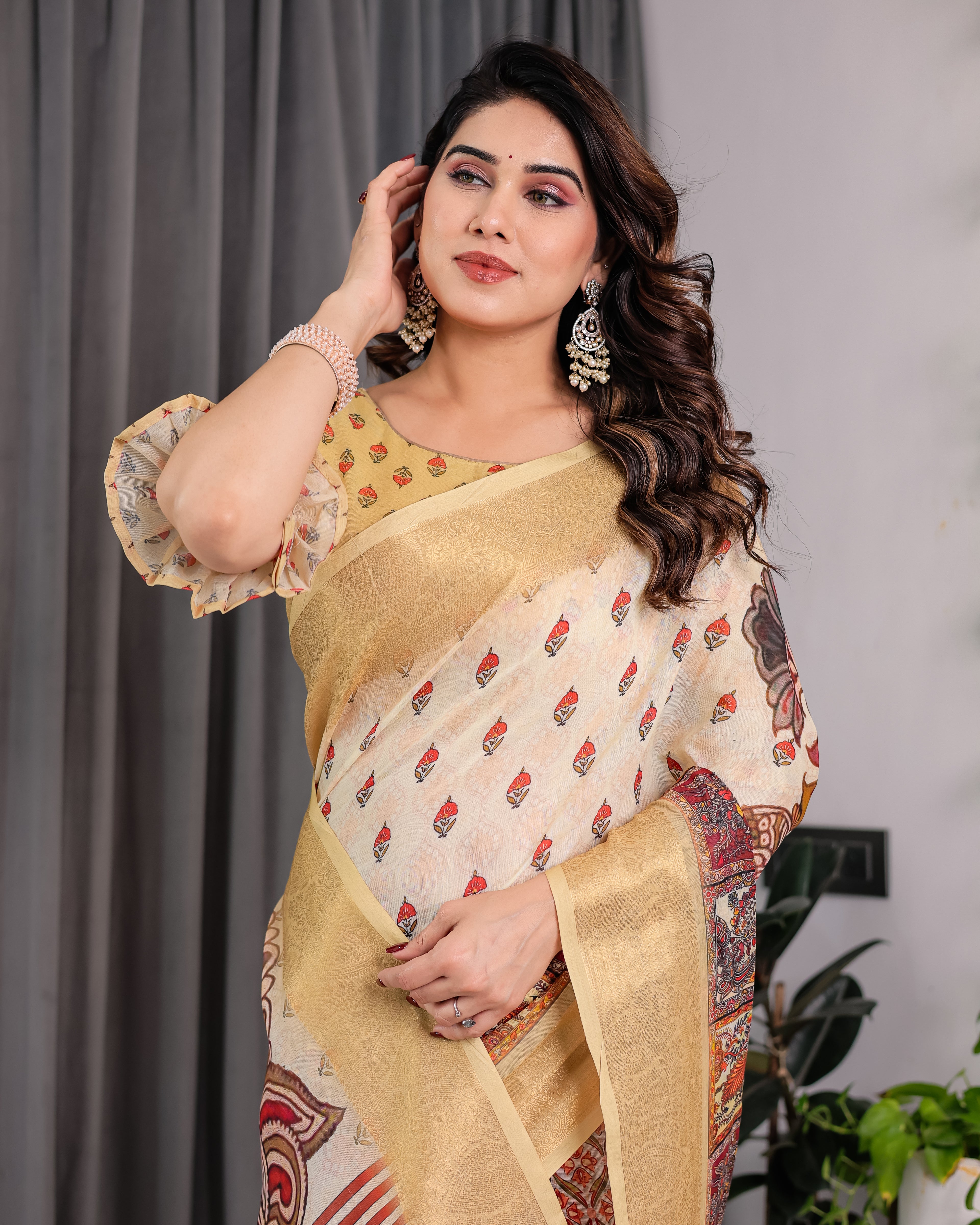 Fabrica Vibe Beige Kalamkari Printed Linen Saree with Gold Zari Border & Designer Pallu