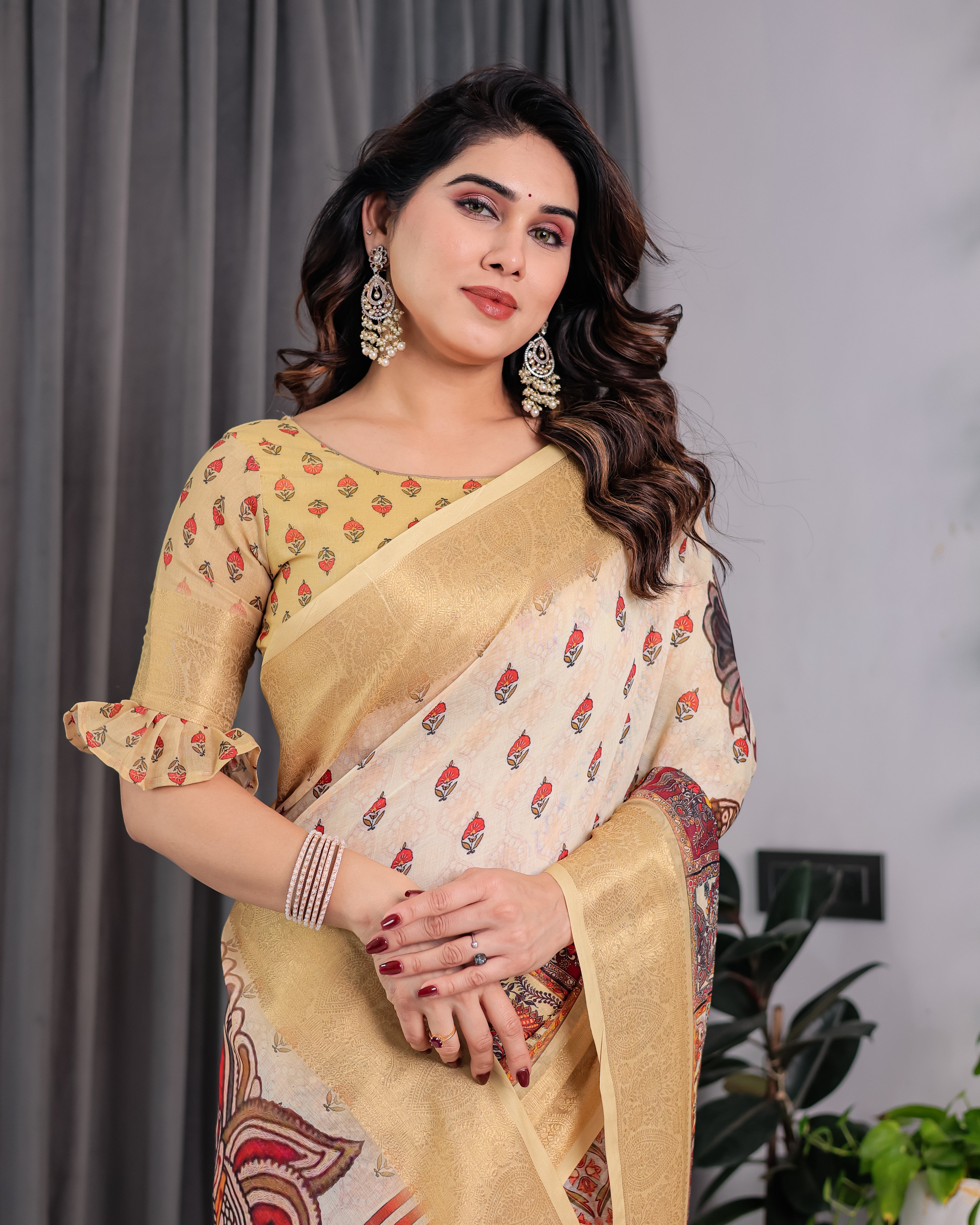 Fabrica Vibe Beige Kalamkari Printed Linen Saree with Gold Zari Border & Designer Pallu