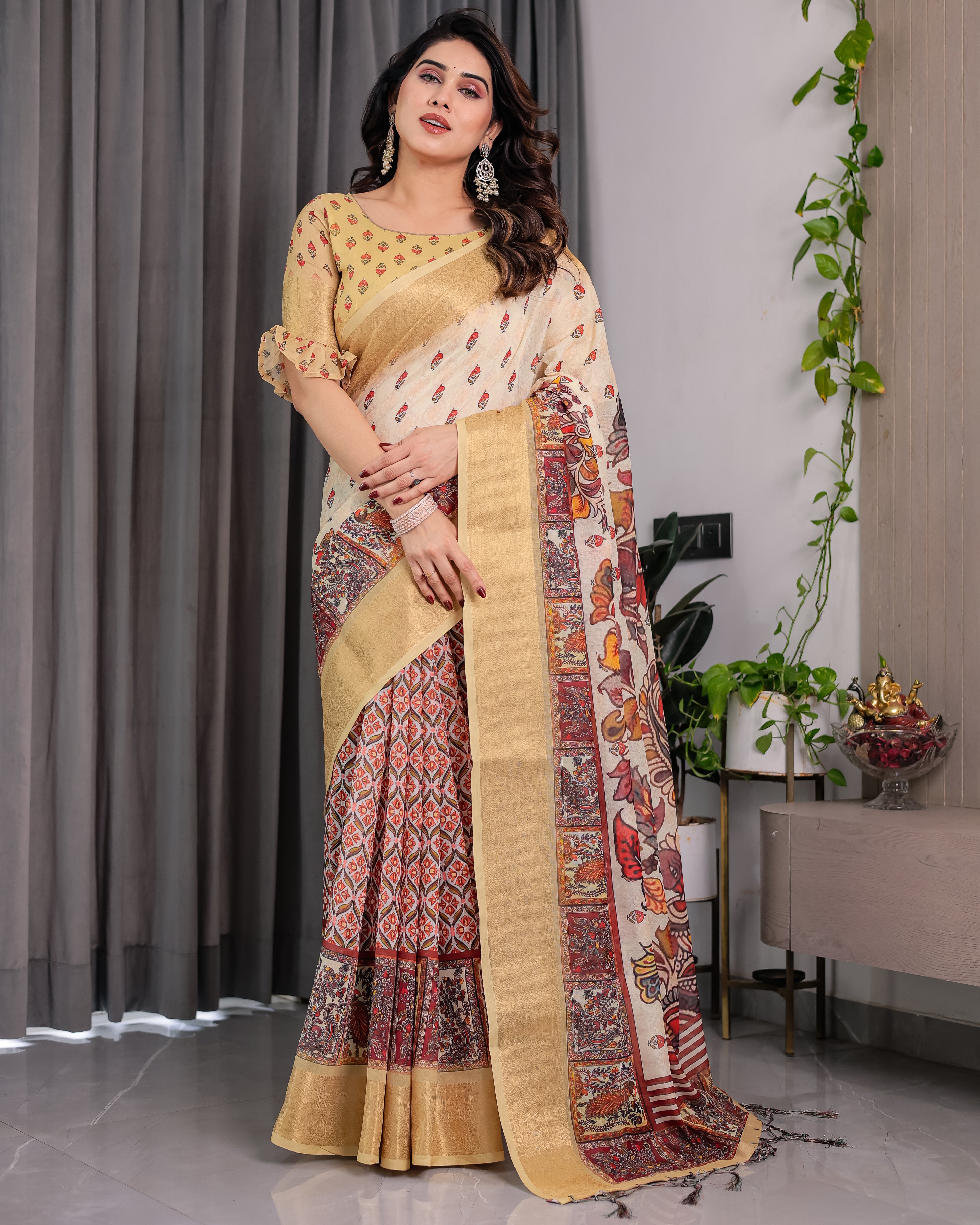 Fabrica Vibe Beige Kalamkari Printed Linen Saree with Gold Zari Border & Designer Pallu