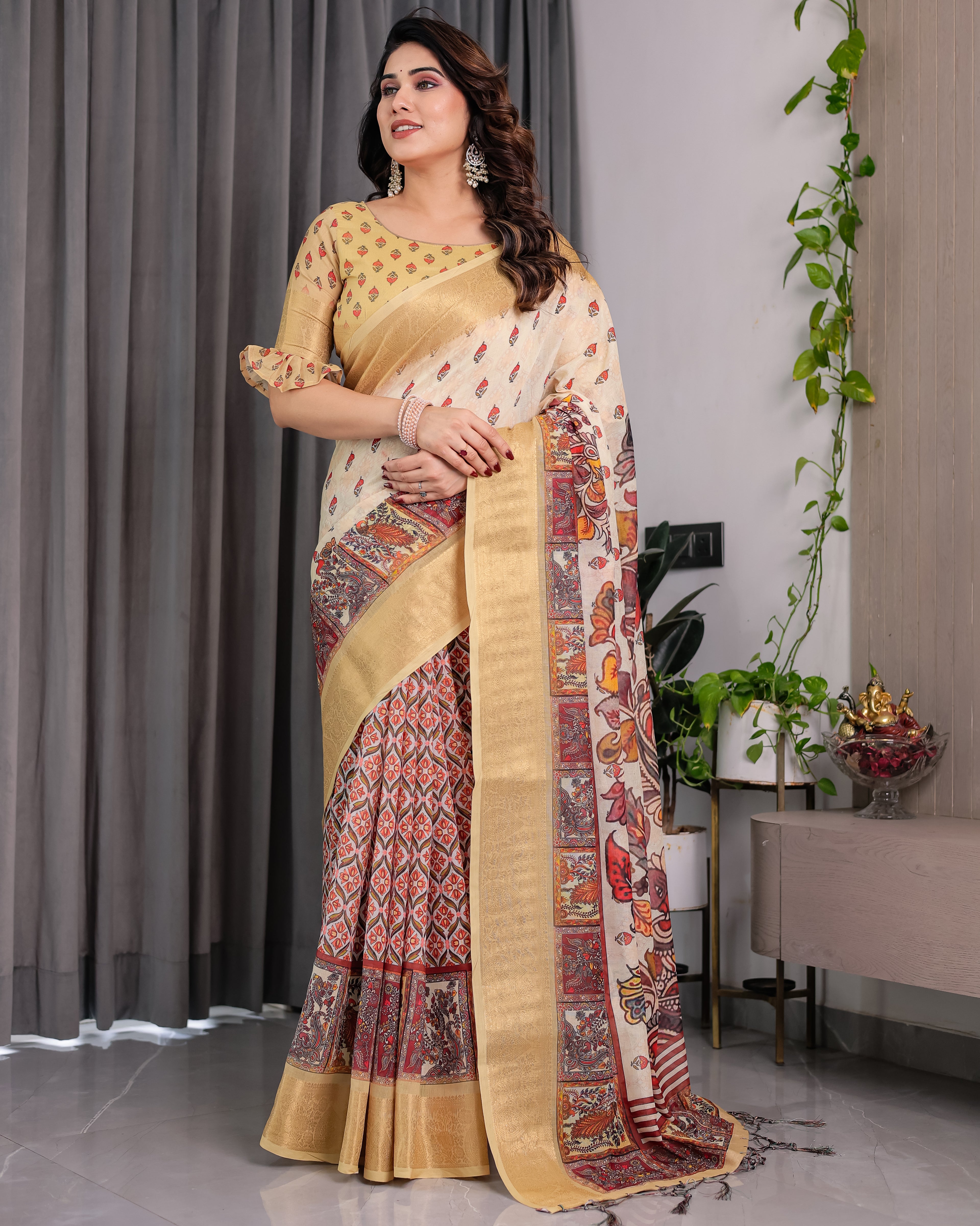 Fabrica Vibe Beige Kalamkari Printed Linen Saree with Gold Zari Border & Designer Pallu