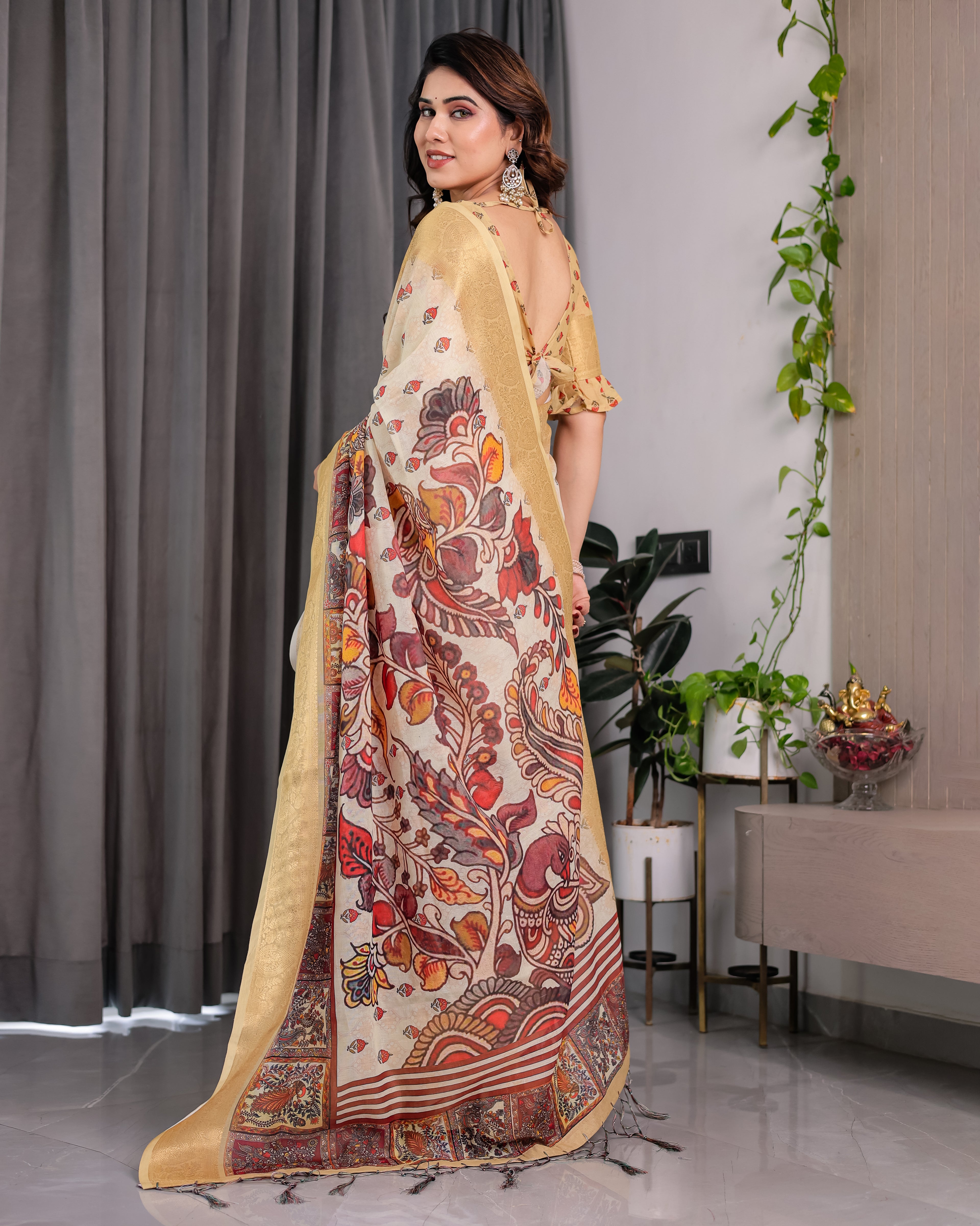 Fabrica Vibe Beige Kalamkari Printed Linen Saree with Gold Zari Border & Designer Pallu