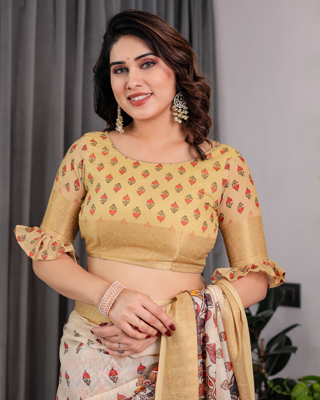 Fabrica Vibe Beige Kalamkari Printed Linen Saree with Gold Zari Border & Designer Pallu