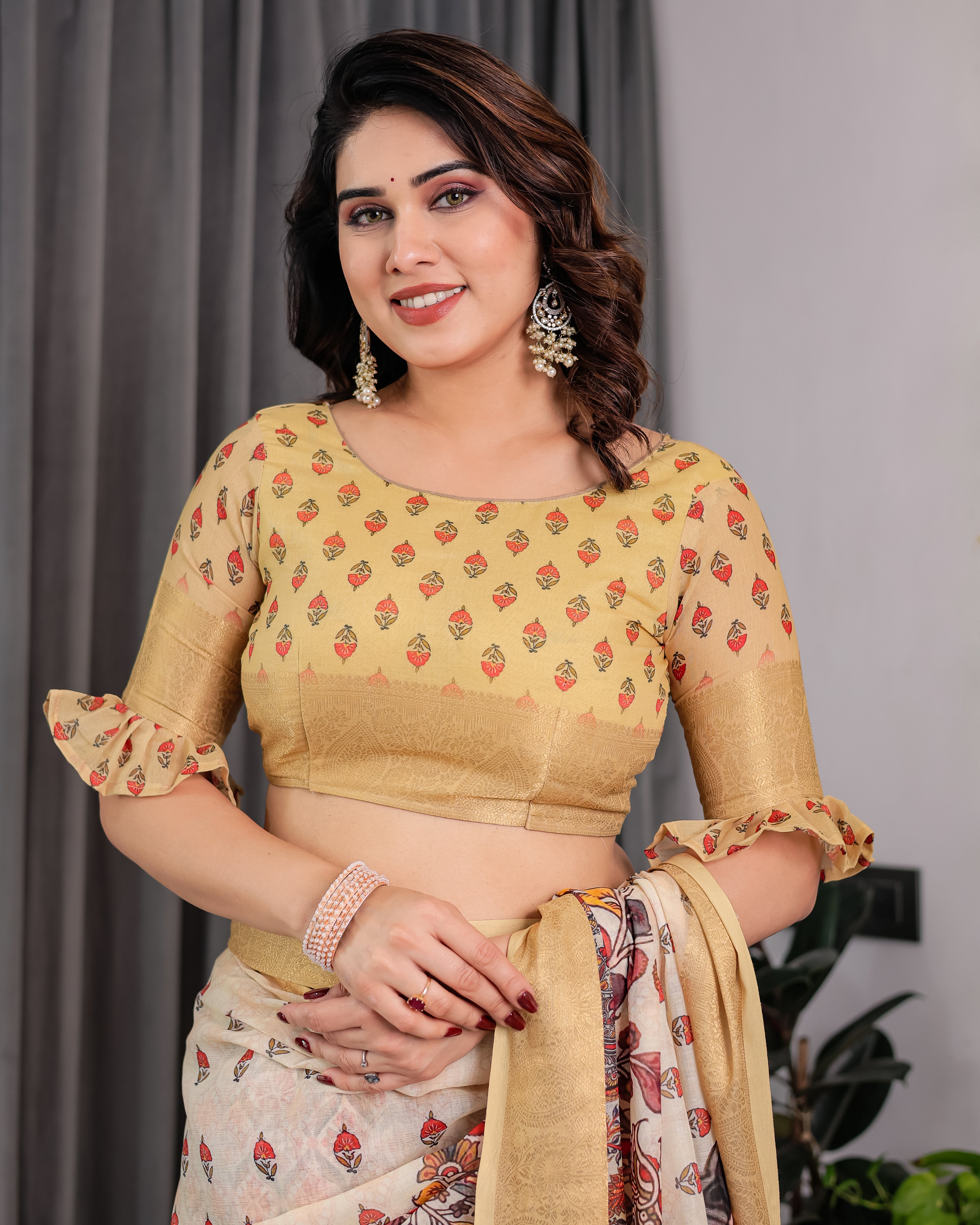 Fabrica Vibe Beige Kalamkari Printed Linen Saree with Gold Zari Border & Designer Pallu