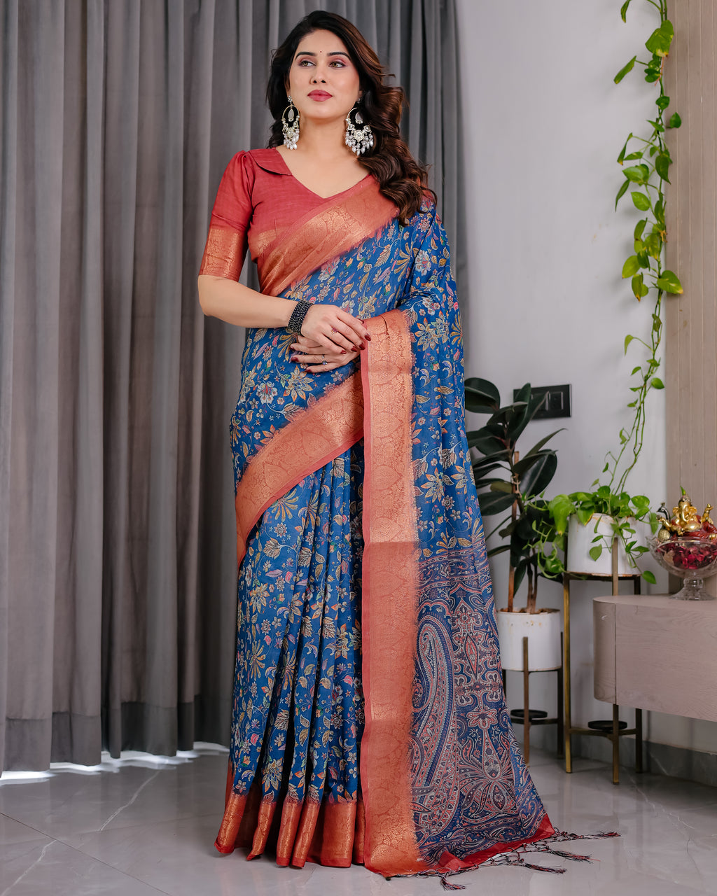 Fabrica Vibe Royal Blue Floral Printed Linen Saree with Copper Zari Border & Paisley Pallu