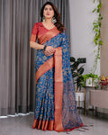 Fabrica Vibe Royal Blue Floral Printed Linen Saree with Copper Zari Border & Paisley Pallu