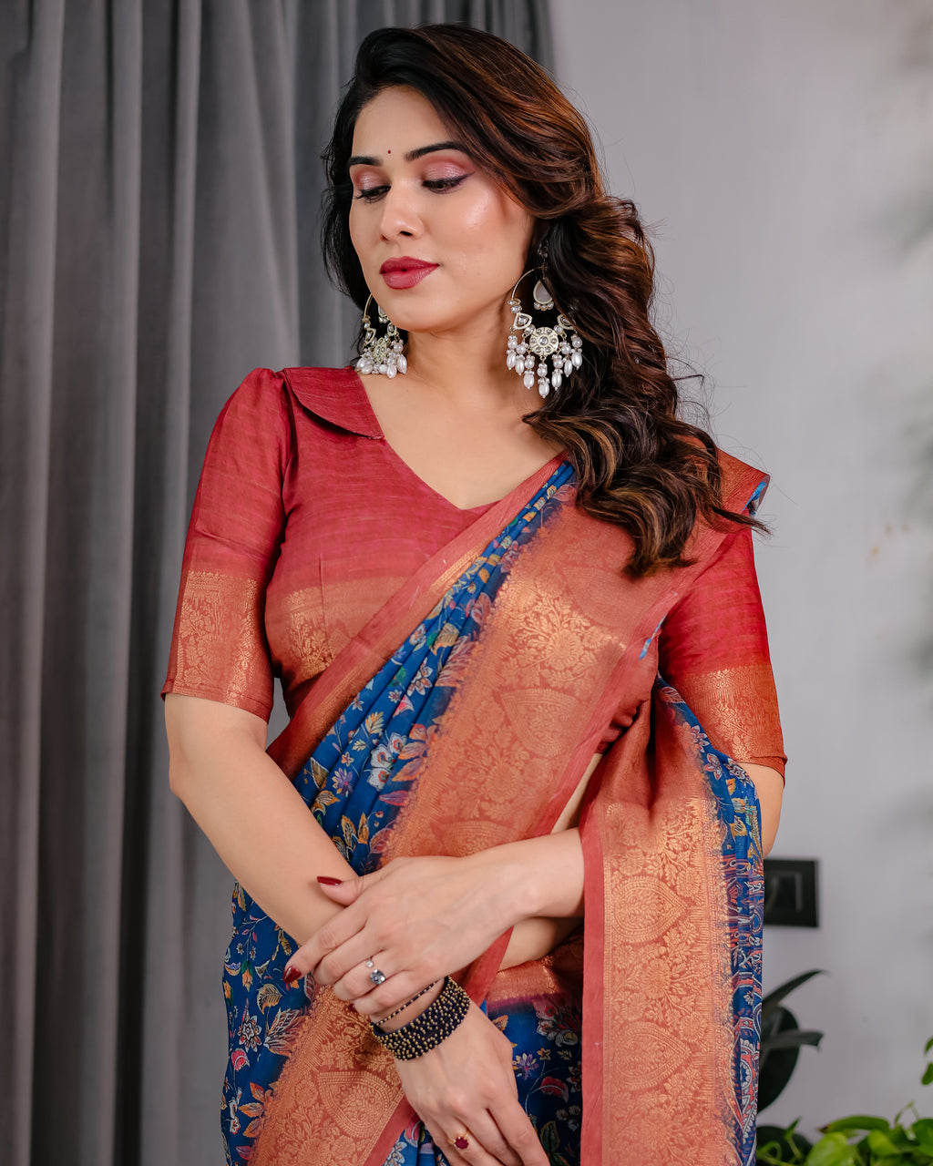 Fabrica Vibe Royal Blue Floral Printed Linen Saree with Copper Zari Border & Paisley Pallu