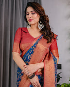 Fabrica Vibe Royal Blue Floral Printed Linen Saree with Copper Zari Border & Paisley Pallu