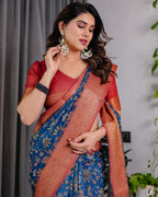 Fabrica Vibe Royal Blue Floral Printed Linen Saree with Copper Zari Border & Paisley Pallu