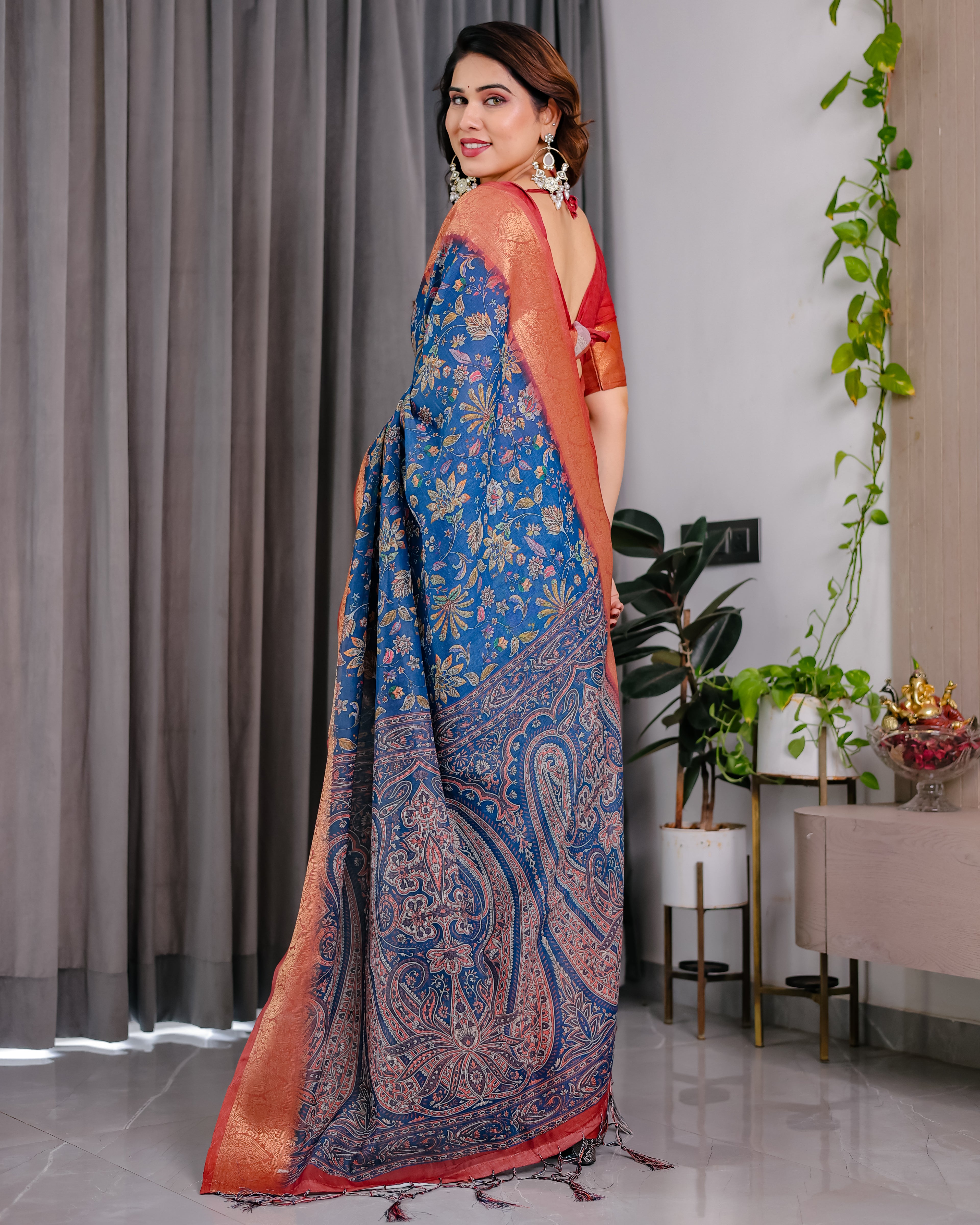 Fabrica Vibe Royal Blue Floral Printed Linen Saree with Copper Zari Border & Paisley Pallu