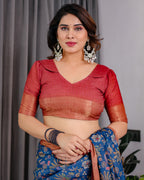 Fabrica Vibe Royal Blue Floral Printed Linen Saree with Copper Zari Border & Paisley Pallu