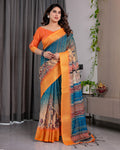 Fabrica Vibe Teal Blue & Mustard Printed Linen Saree with Golden Zari Border