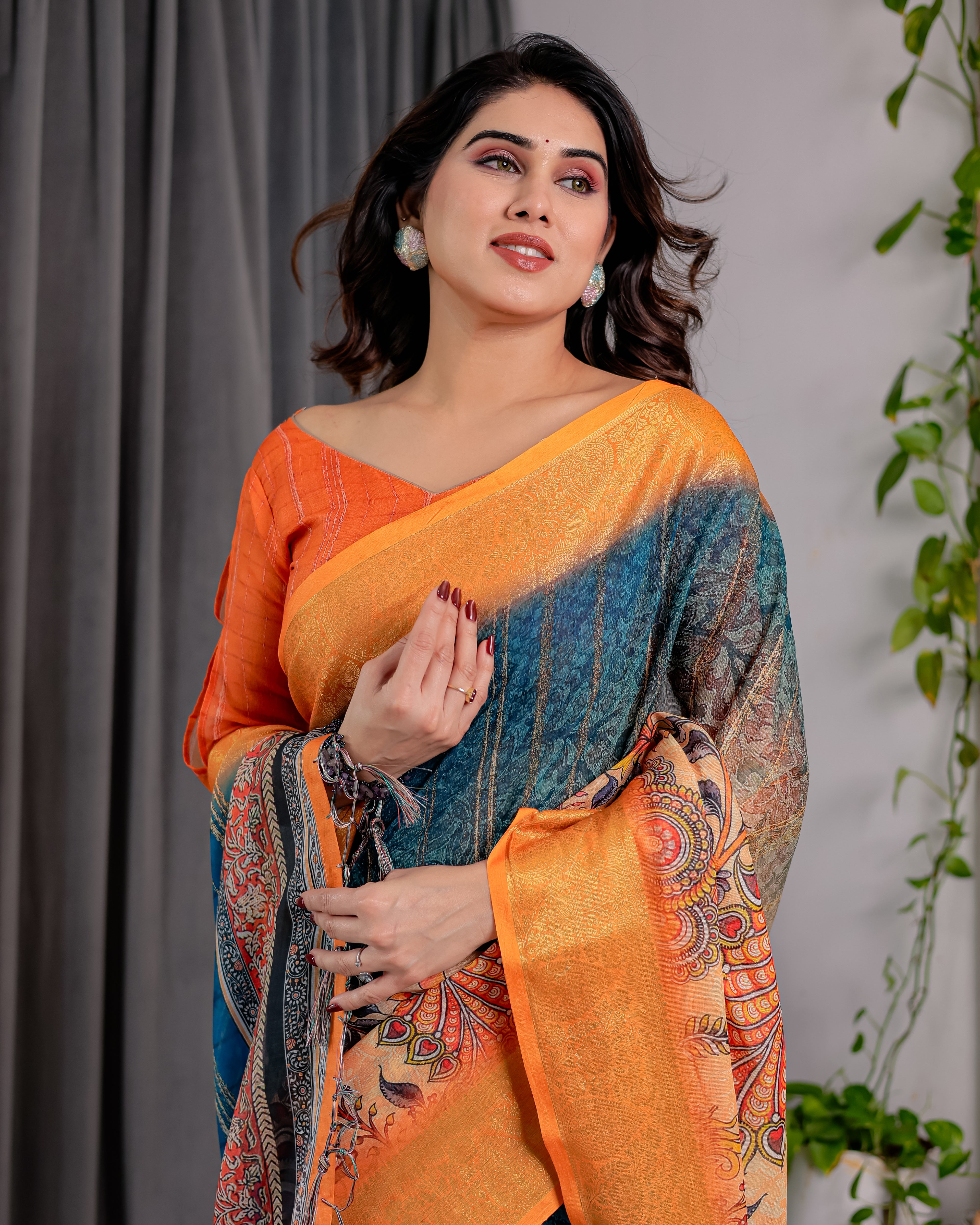Fabrica Vibe Teal Blue & Mustard Printed Linen Saree with Golden Zari Border