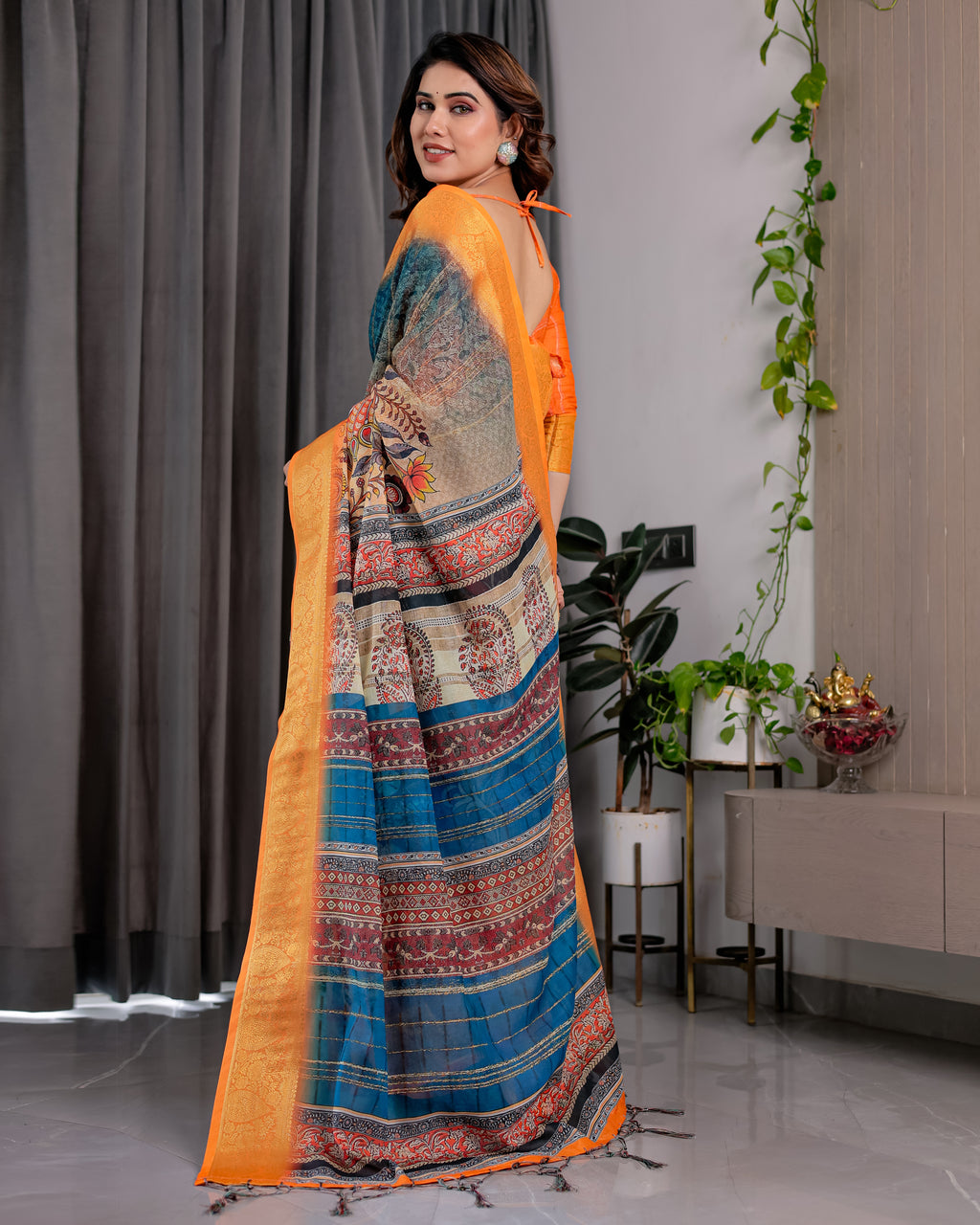 Fabrica Vibe Teal Blue & Mustard Printed Linen Saree with Golden Zari Border