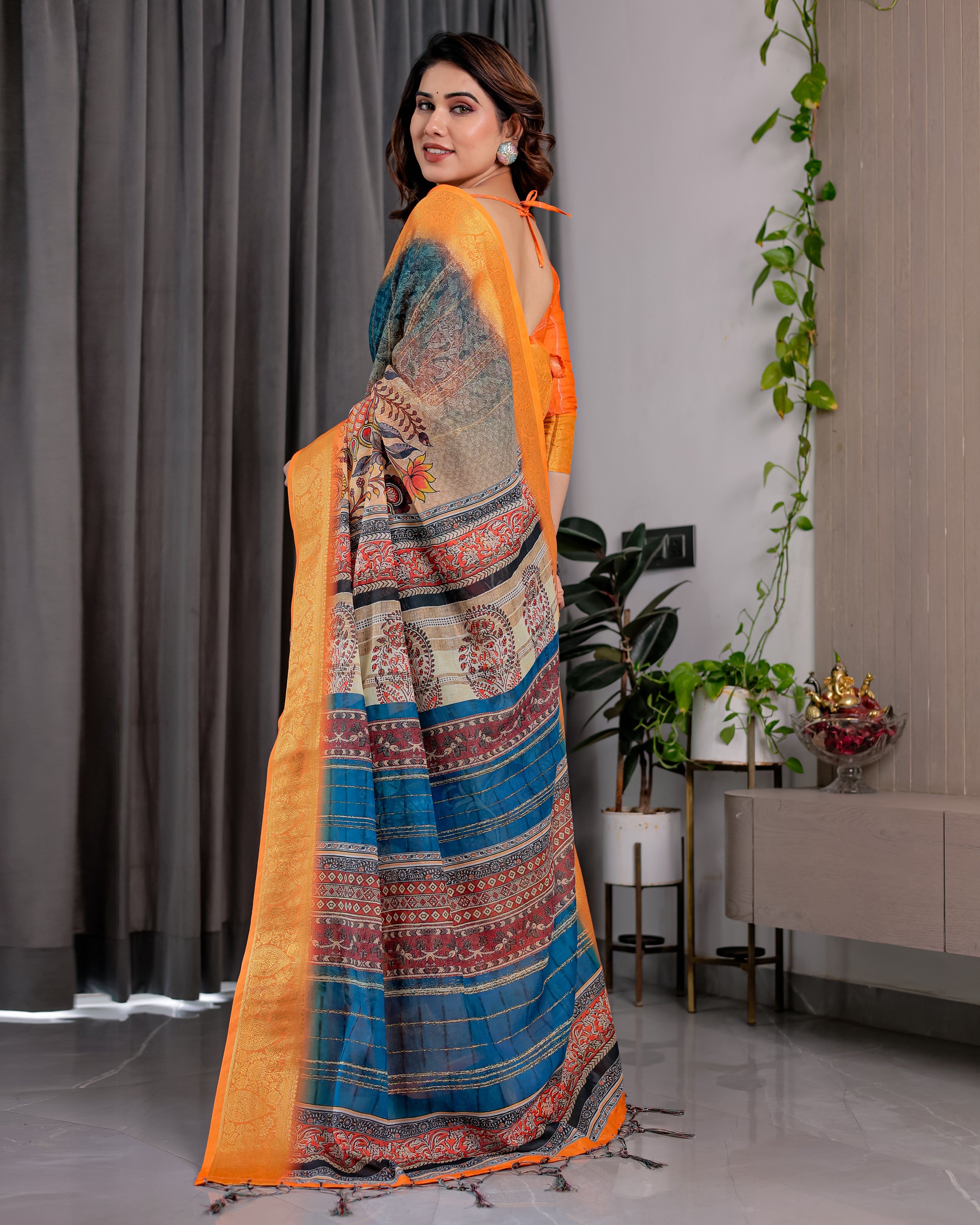 Fabrica Vibe Teal Blue & Mustard Printed Linen Saree with Golden Zari Border