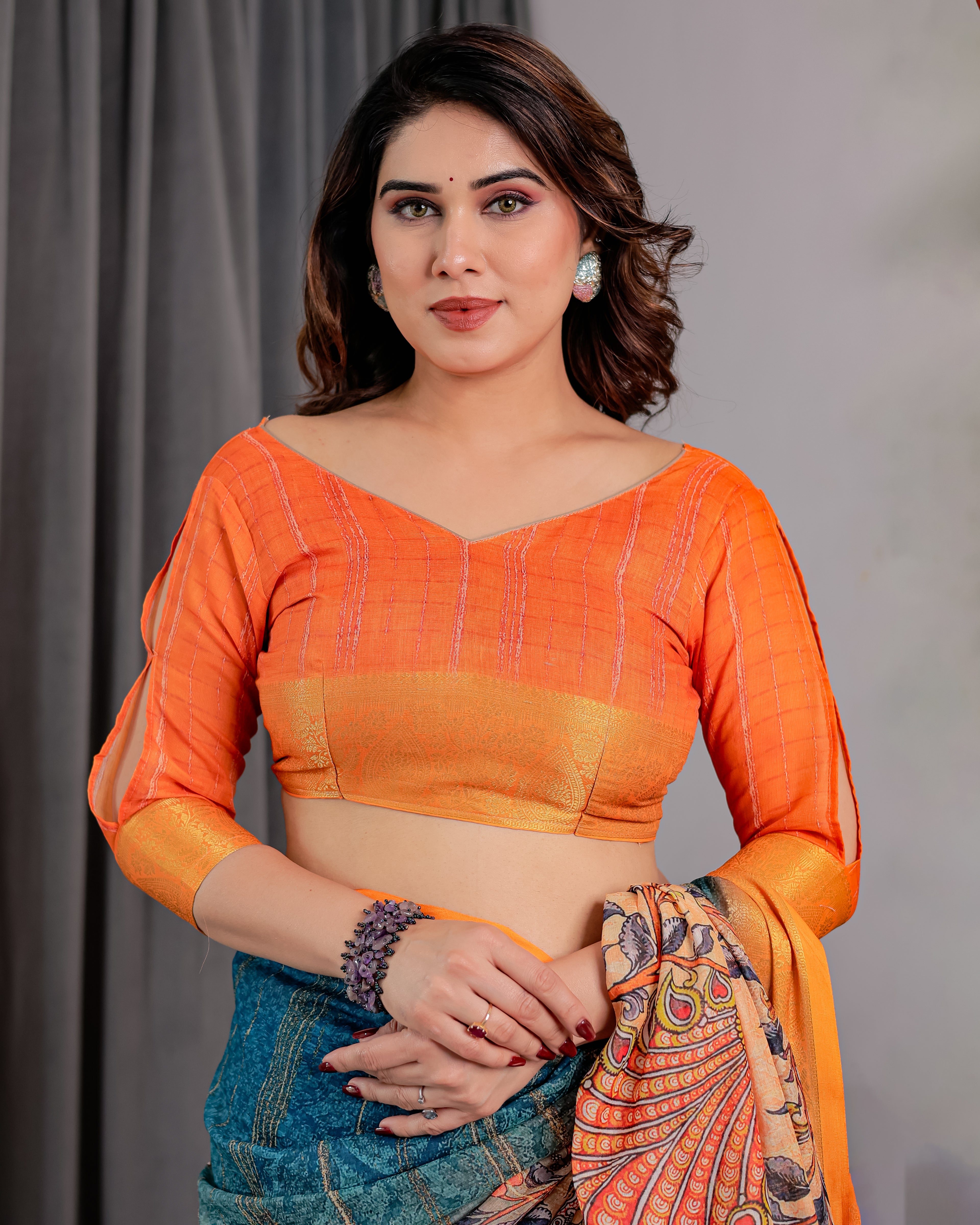 Fabrica Vibe Teal Blue & Mustard Printed Linen Saree with Golden Zari Border