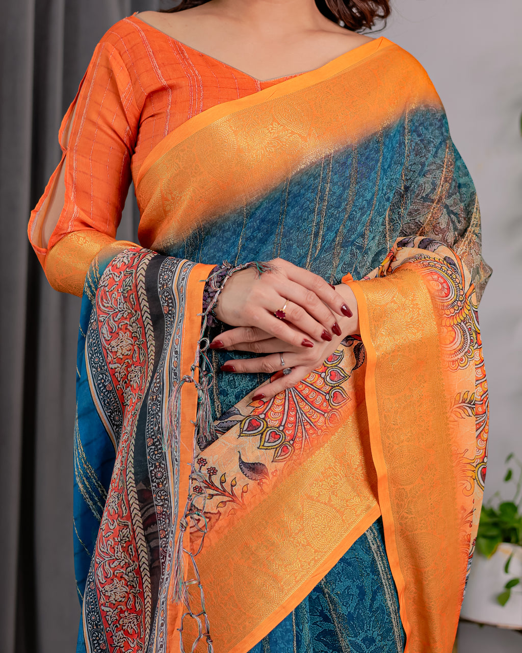 Fabrica Vibe Teal Blue & Mustard Printed Linen Saree with Golden Zari Border
