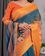 Fabrica Vibe Teal Blue & Mustard Printed Linen Saree with Golden Zari Border