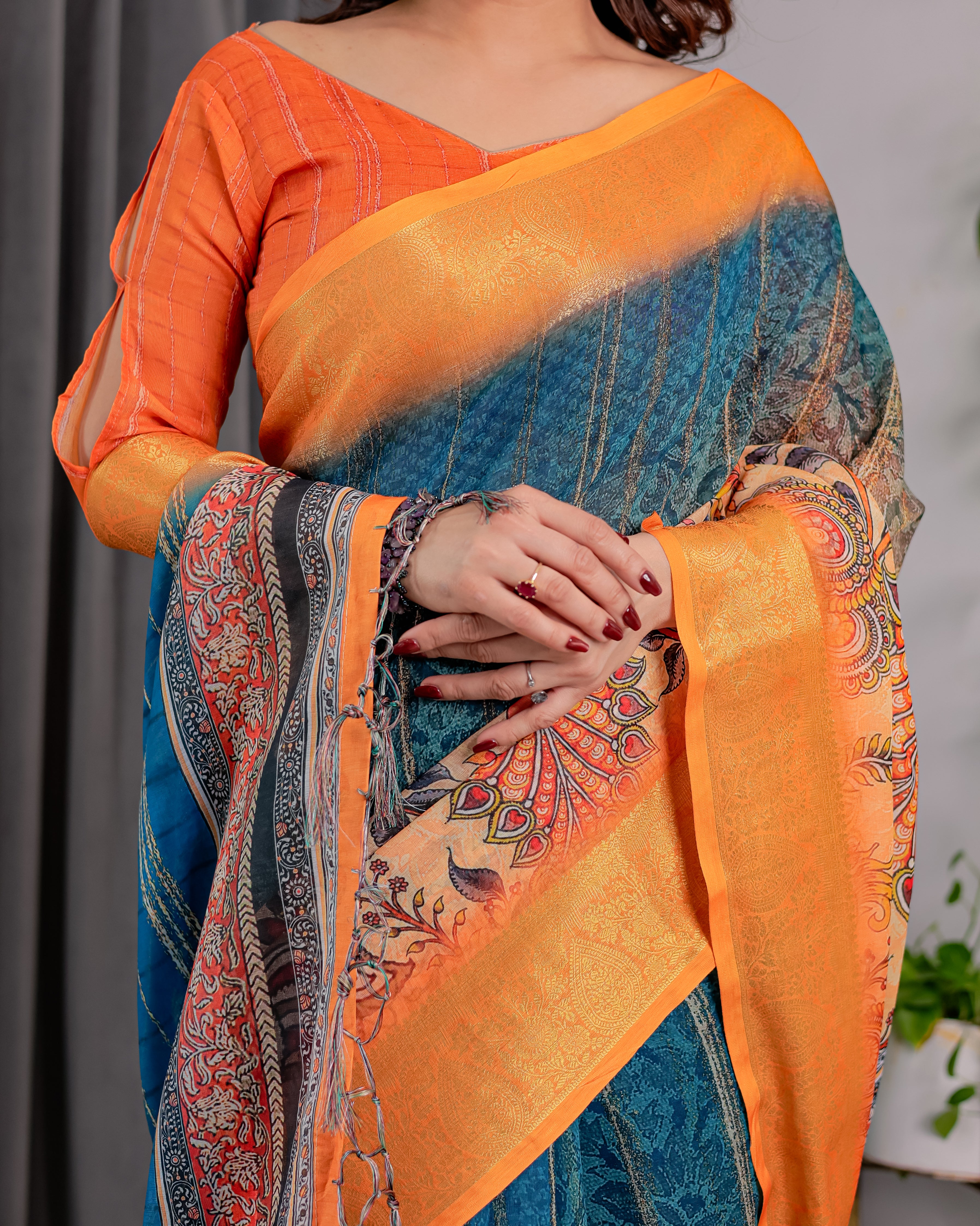 Fabrica Vibe Teal Blue & Mustard Printed Linen Saree with Golden Zari Border
