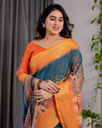 Fabrica Vibe Teal Blue & Mustard Printed Linen Saree with Golden Zari Border
