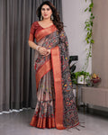 Fabrica Vibe Black Abstract Printed Linen Saree with Copper Zari Border