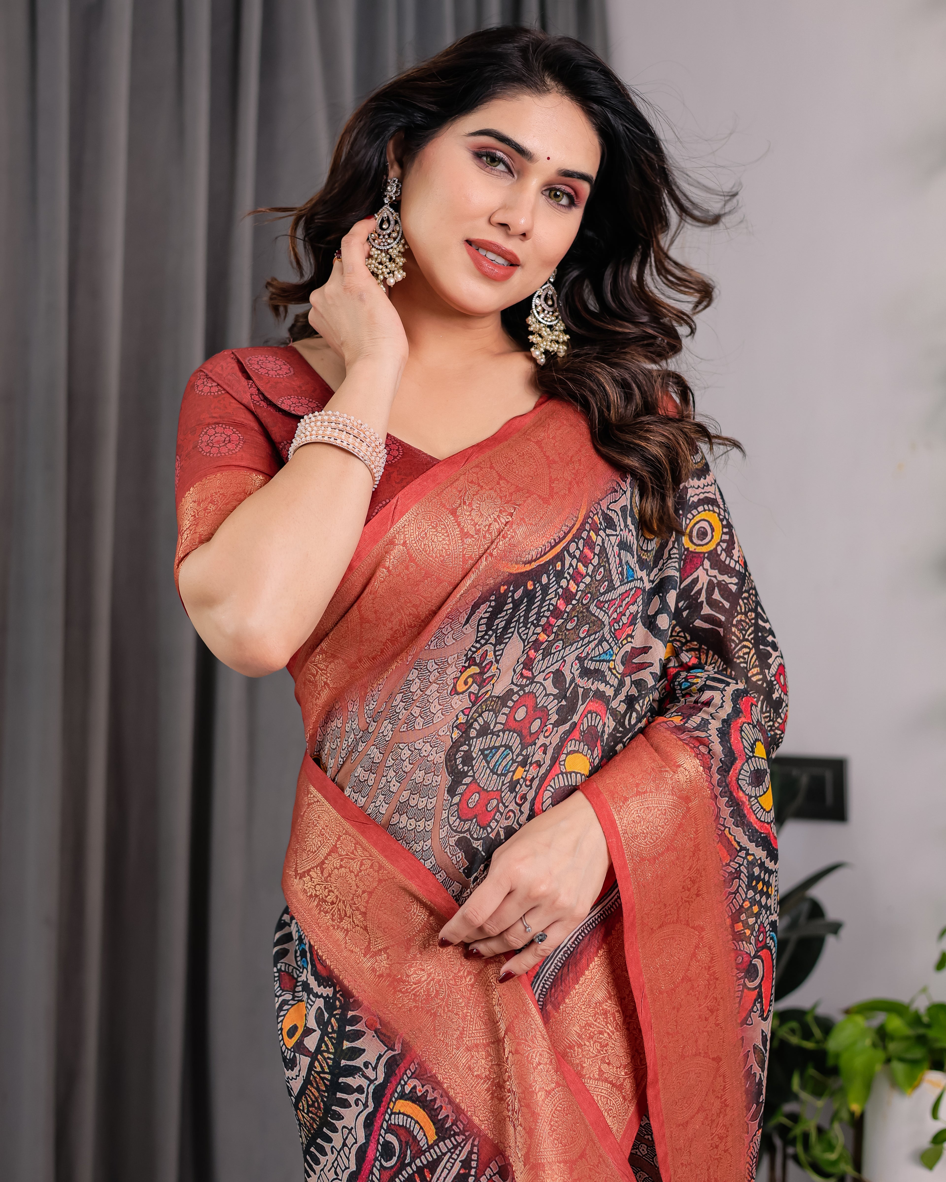 Fabrica Vibe Black Abstract Printed Linen Saree with Copper Zari Border