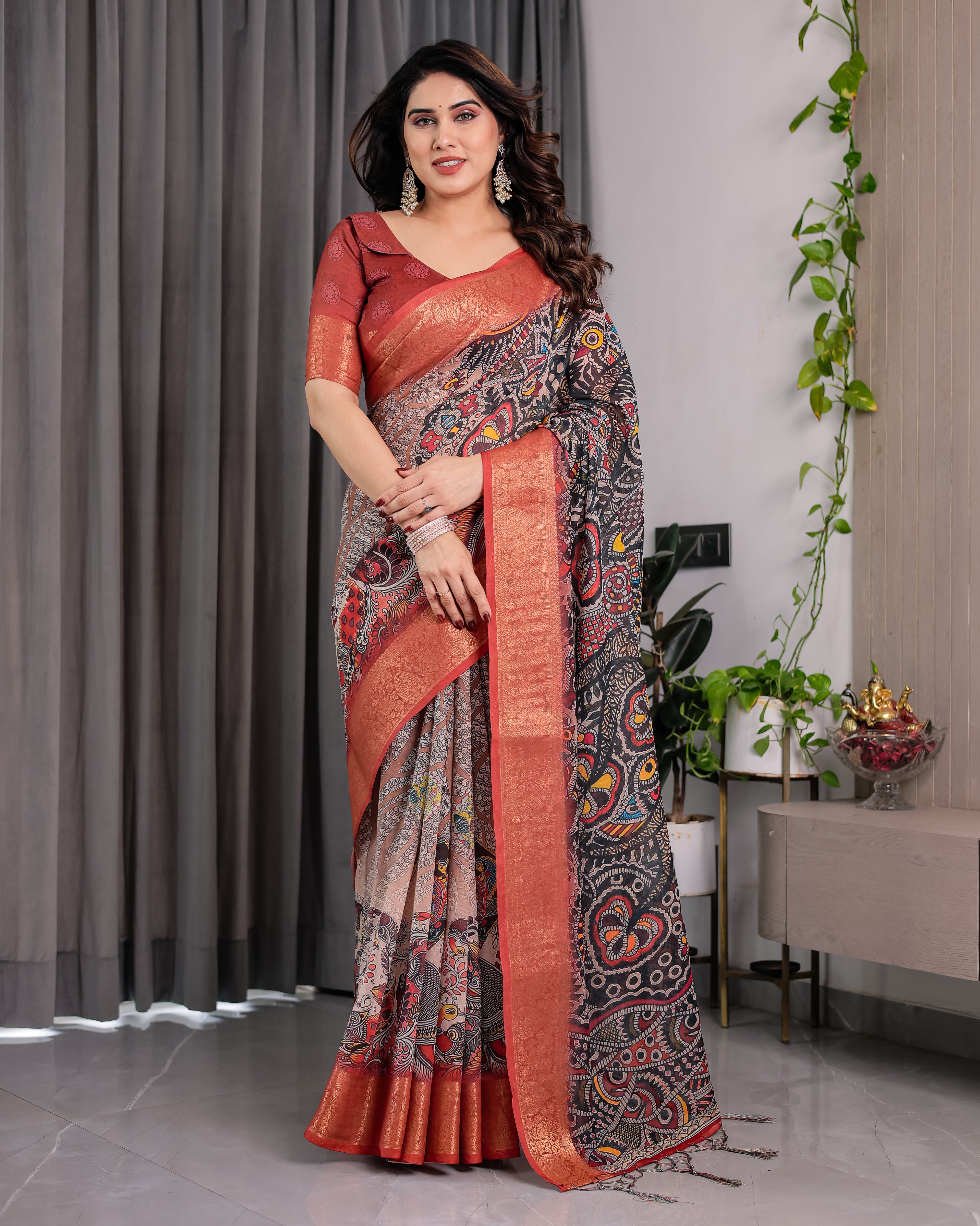 Fabrica Vibe Black Abstract Printed Linen Saree with Copper Zari Border