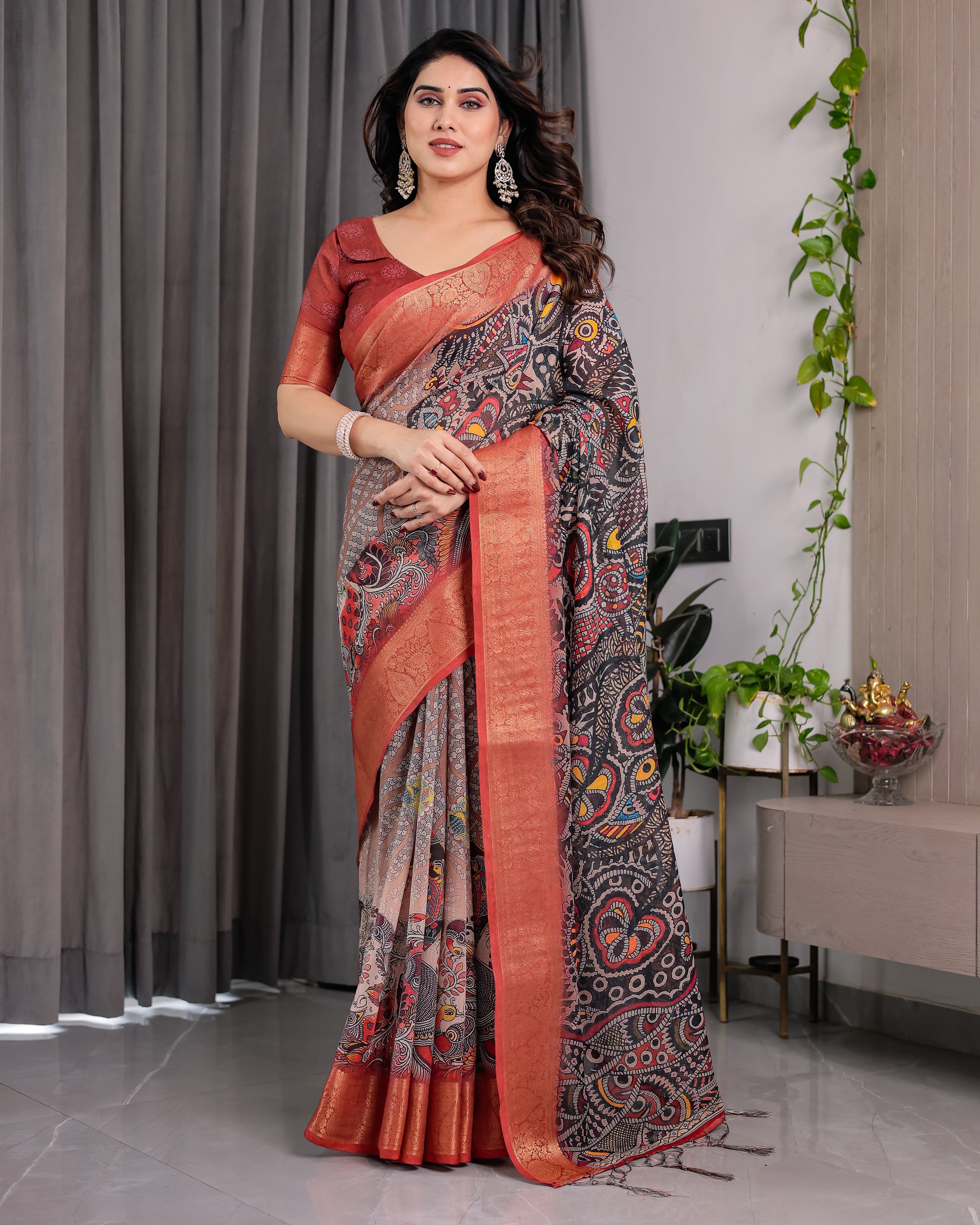 Fabrica Vibe Black Abstract Printed Linen Saree with Copper Zari Border