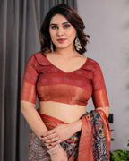 Fabrica Vibe Black Abstract Printed Linen Saree with Copper Zari Border
