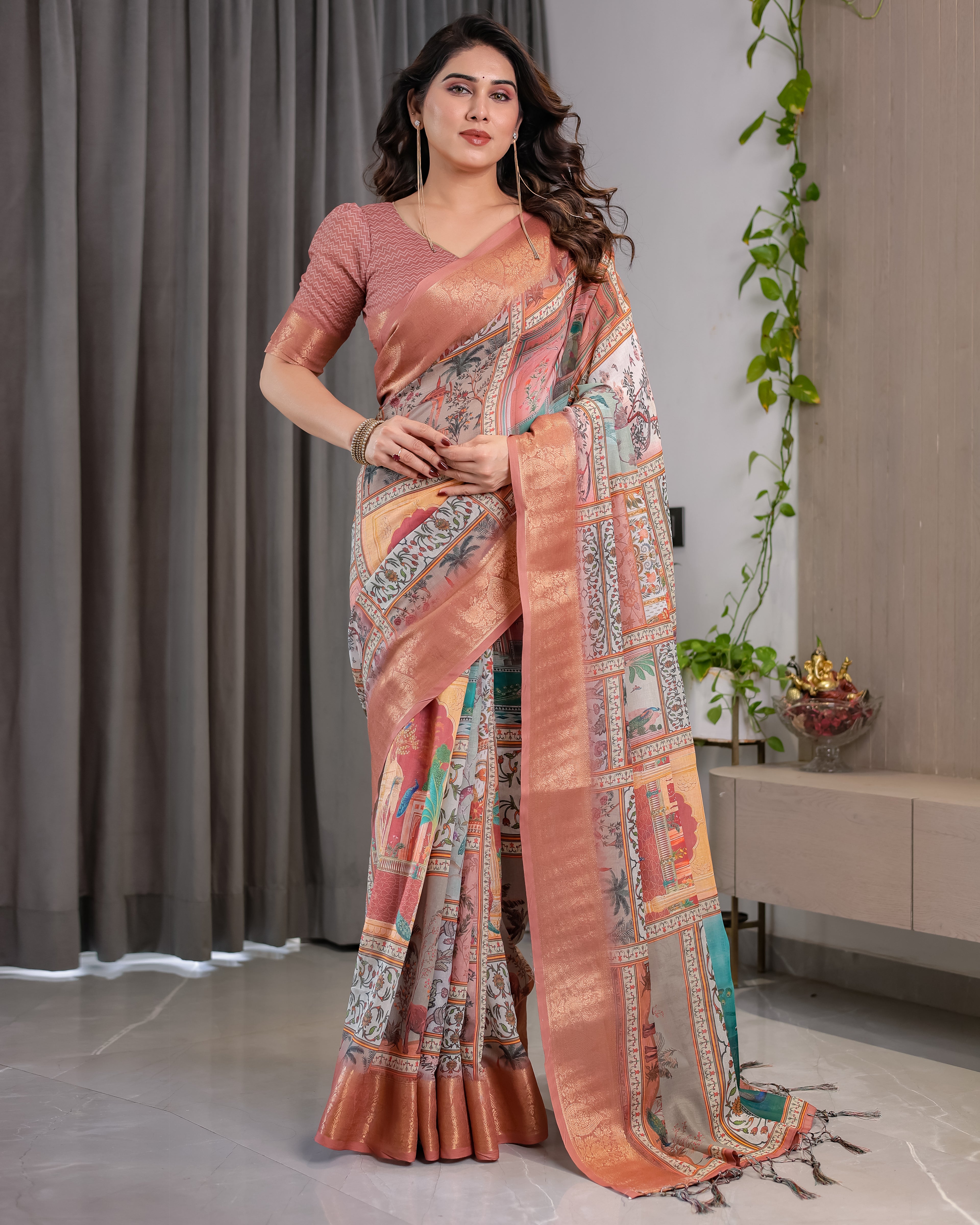 Fabrica Vibe Peach Heritage Patchwork Printed Linen Saree with Rose Gold Zari Border