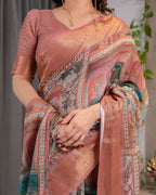 Fabrica Vibe Peach Heritage Patchwork Printed Linen Saree with Rose Gold Zari Border