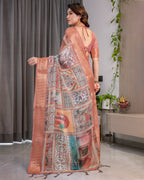 Fabrica Vibe Peach Heritage Patchwork Printed Linen Saree with Rose Gold Zari Border