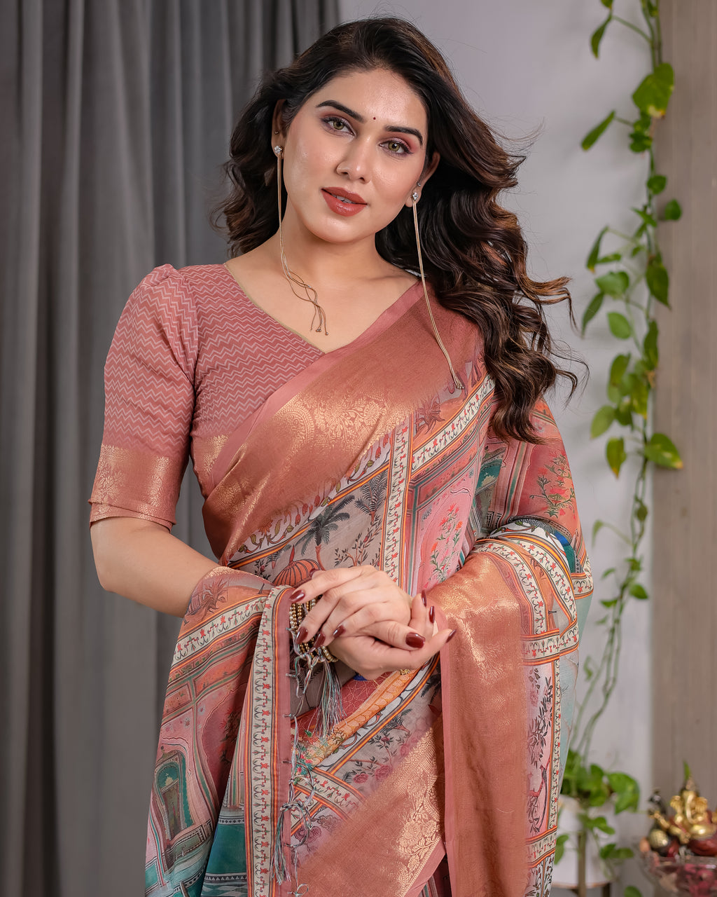 Fabrica Vibe Peach Heritage Patchwork Printed Linen Saree with Rose Gold Zari Border