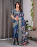 Fabrica Vibe Navy Blue Floral & Bird Print Linen Blend Saree with Antique Gold Zari Border