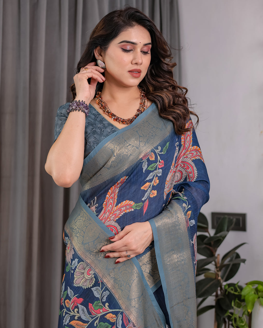 Fabrica Vibe Navy Blue Floral & Bird Print Linen Blend Saree with Antique Gold Zari Border