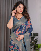 Fabrica Vibe Navy Blue Floral & Bird Print Linen Blend Saree with Antique Gold Zari Border