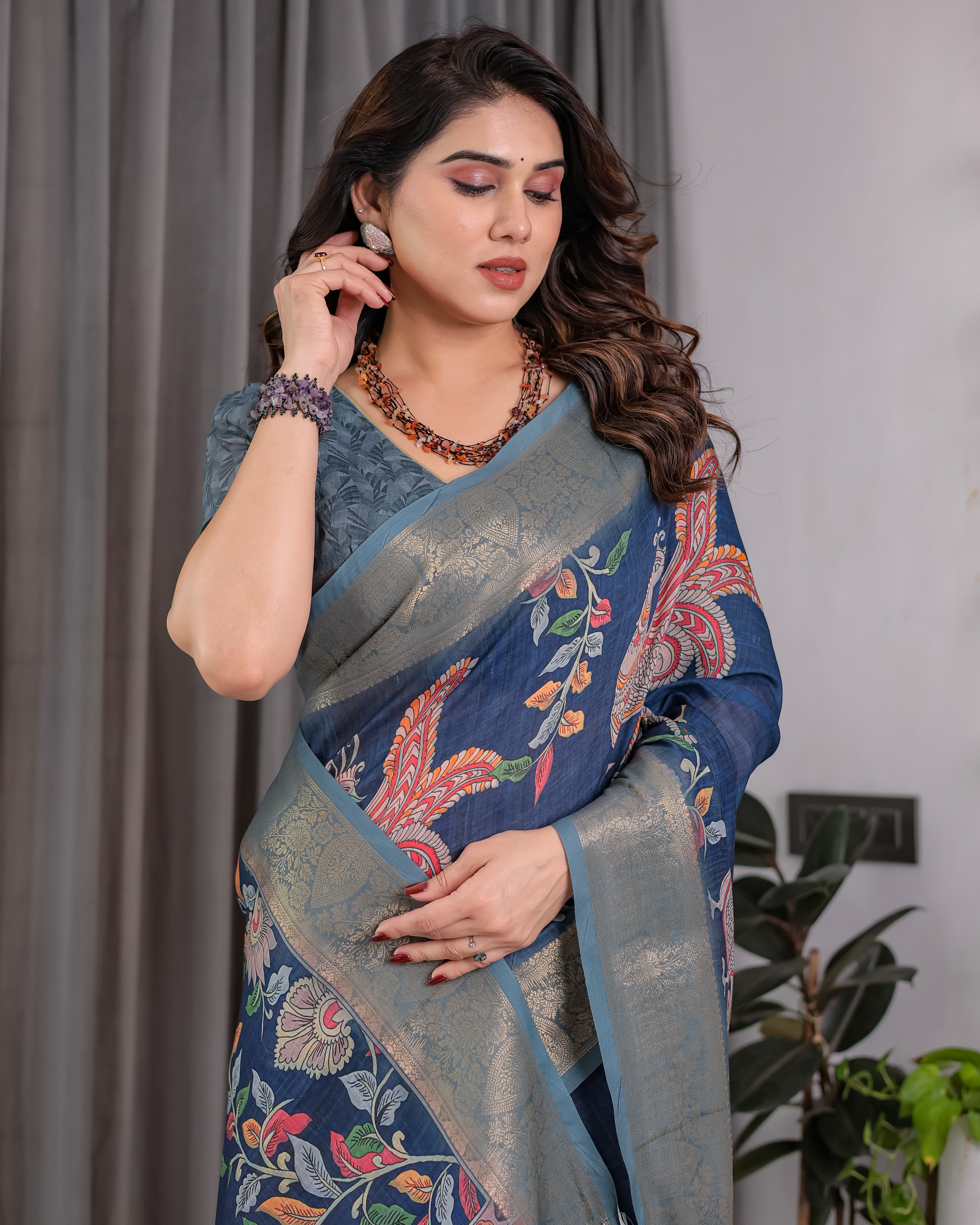 Fabrica Vibe Navy Blue Floral & Bird Print Linen Blend Saree with Antique Gold Zari Border