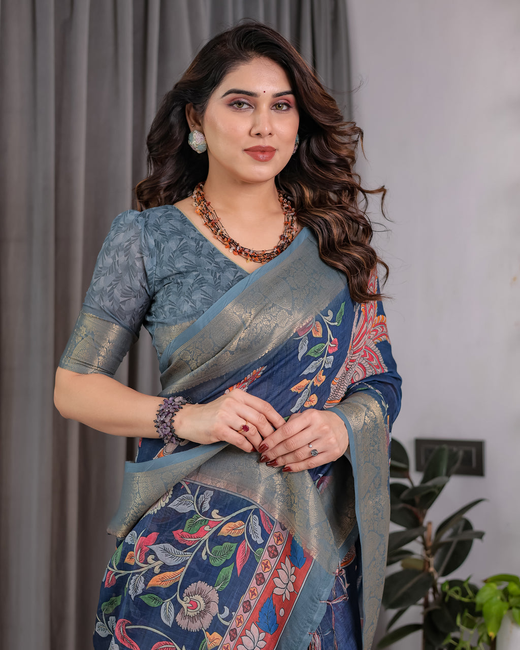 Fabrica Vibe Navy Blue Floral & Bird Print Linen Blend Saree with Antique Gold Zari Border