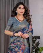 Fabrica Vibe Navy Blue Floral & Bird Print Linen Blend Saree with Antique Gold Zari Border