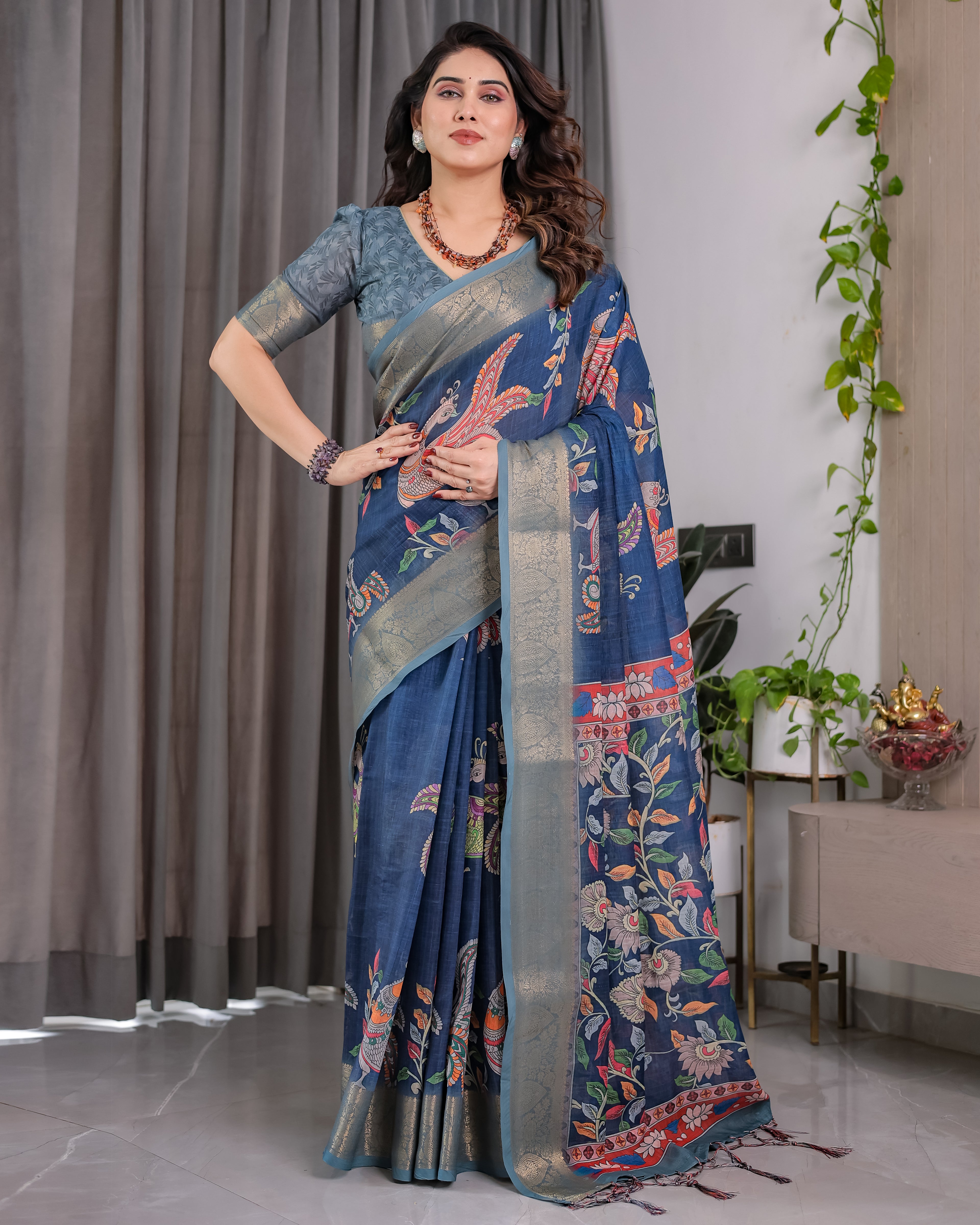Fabrica Vibe Navy Blue Floral & Bird Print Linen Blend Saree with Antique Gold Zari Border