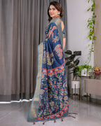Fabrica Vibe Navy Blue Floral & Bird Print Linen Blend Saree with Antique Gold Zari Border