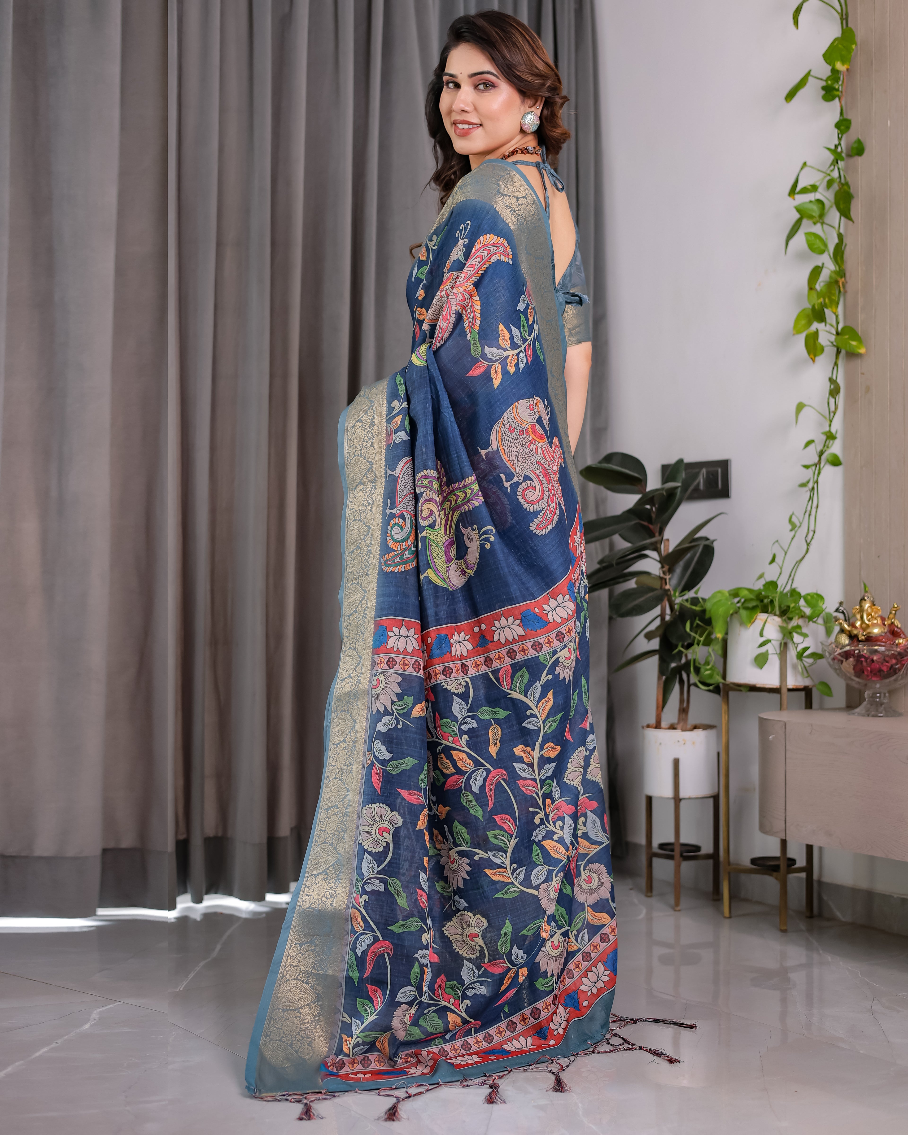 Fabrica Vibe Navy Blue Floral & Bird Print Linen Blend Saree with Antique Gold Zari Border