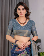 Fabrica Vibe Navy Blue Floral & Bird Print Linen Blend Saree with Antique Gold Zari Border